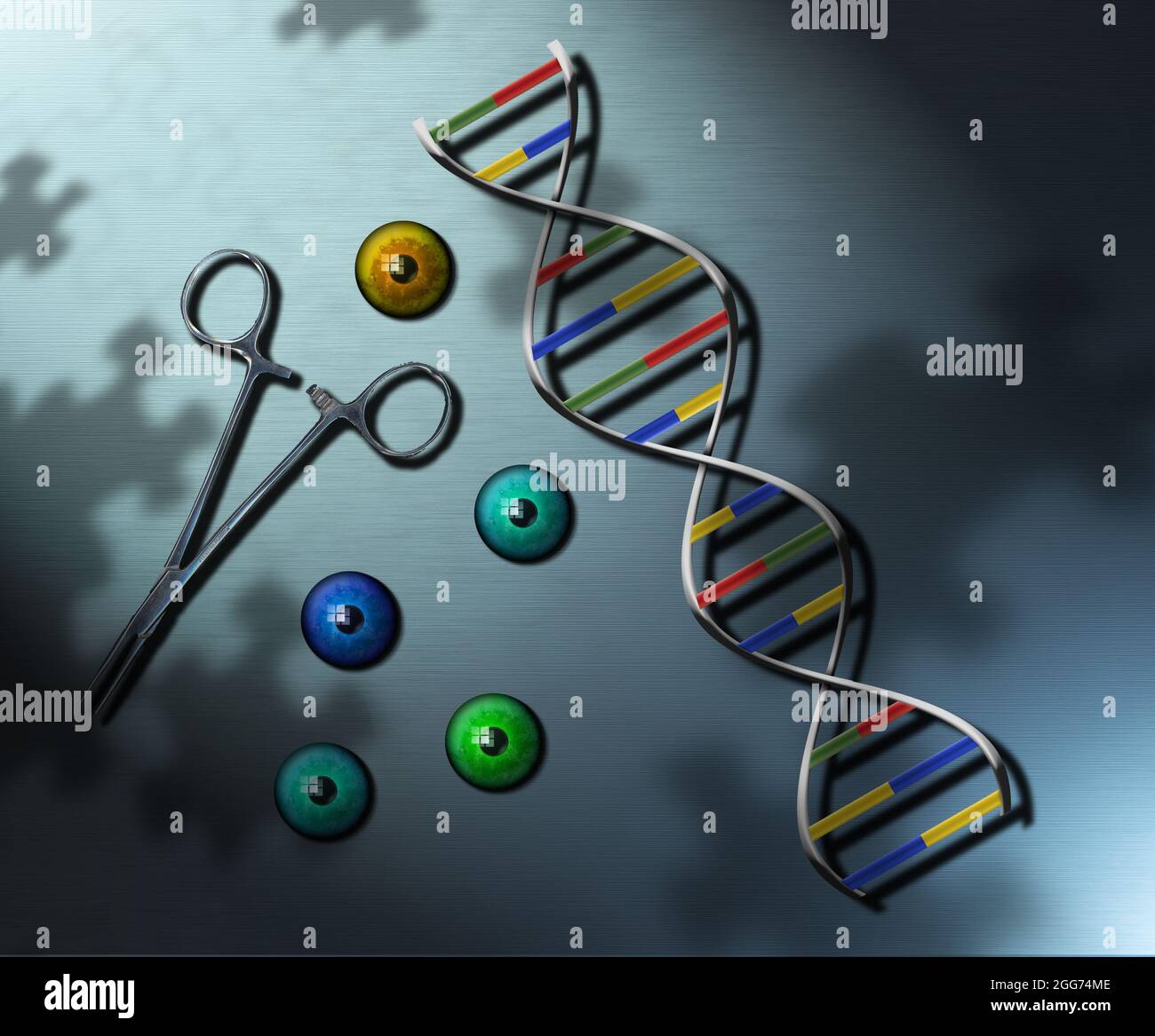 medicine. Colorful eyeballs, DNA, surgery scissors instrument