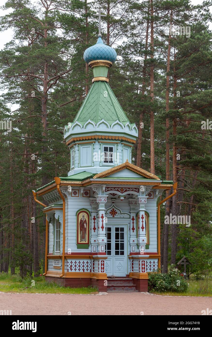 Assumption chapel. Konevsky Monastery, Konevets Island on the Lake Ladoga, Leningrad Oblast, Russian Federation. Stock Photo