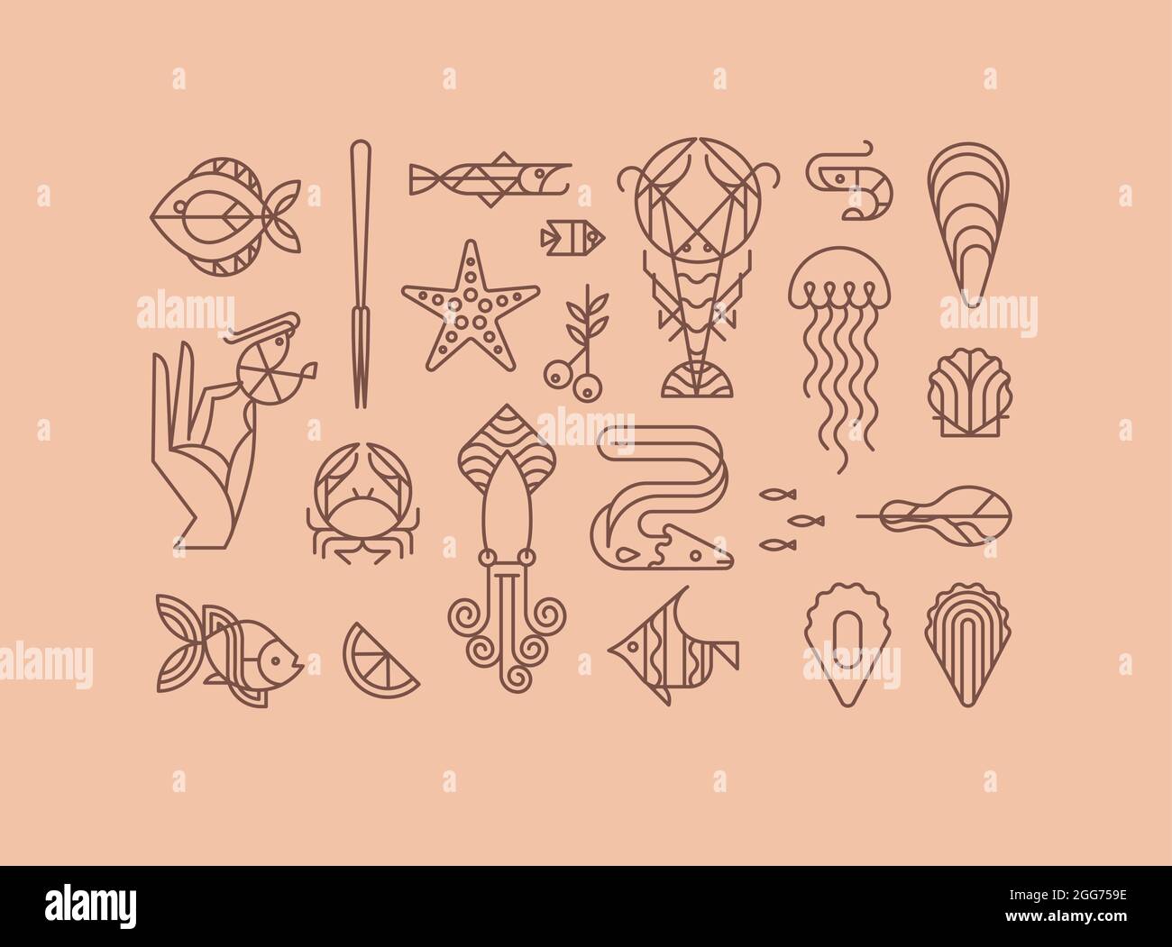 Set of creative modern art deco seafood signs in flat line style drawing on beige background. Stock Vector