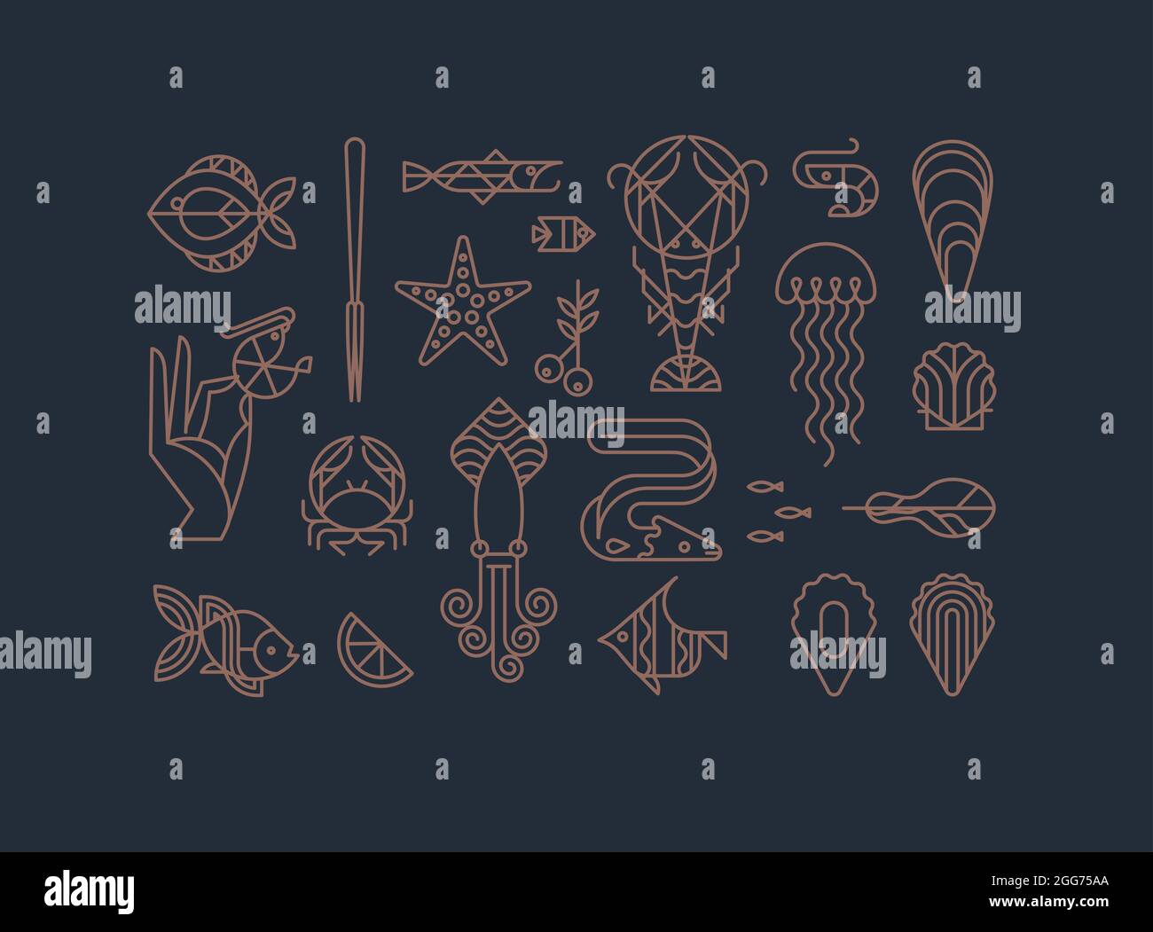 Set of creative modern art deco seafood signs in flat line style drawing on brown background. Stock Vector