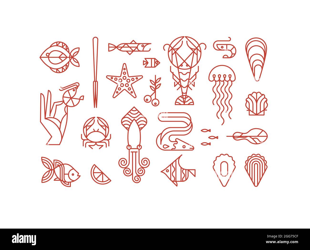 Set of creative modern art deco seafood signs in flat line style drawing on white background. Stock Vector