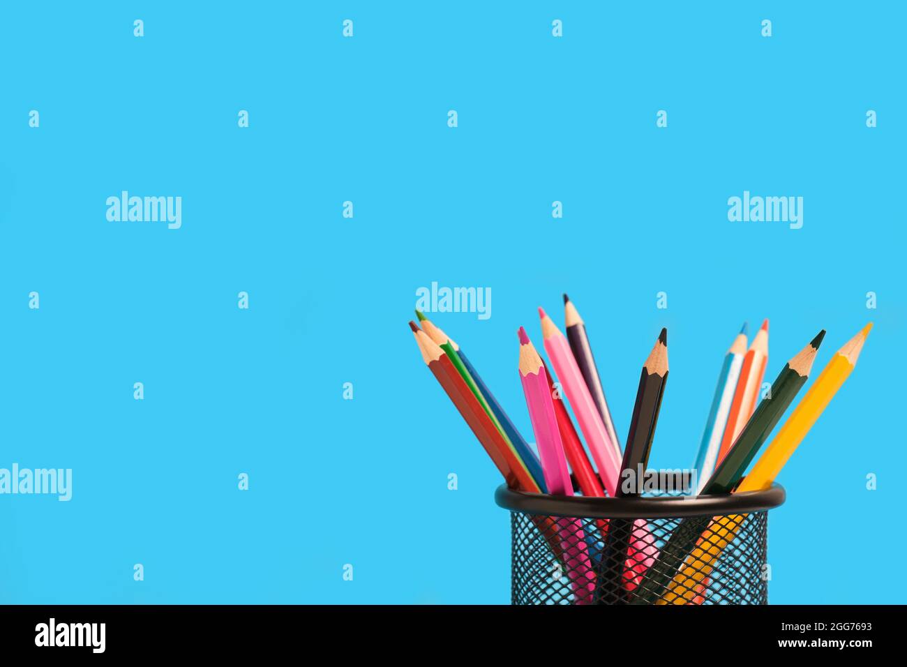 Office basket with colored pencils on blue background Stock Photo