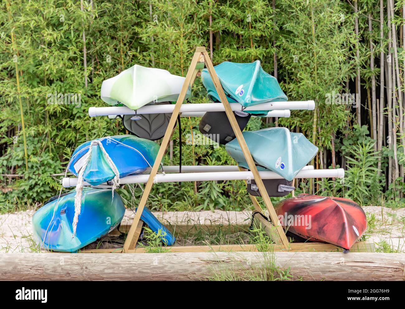 kayaks in a storage stand at Wades Beach, Shelter Island, NY  11964 Stock Photo