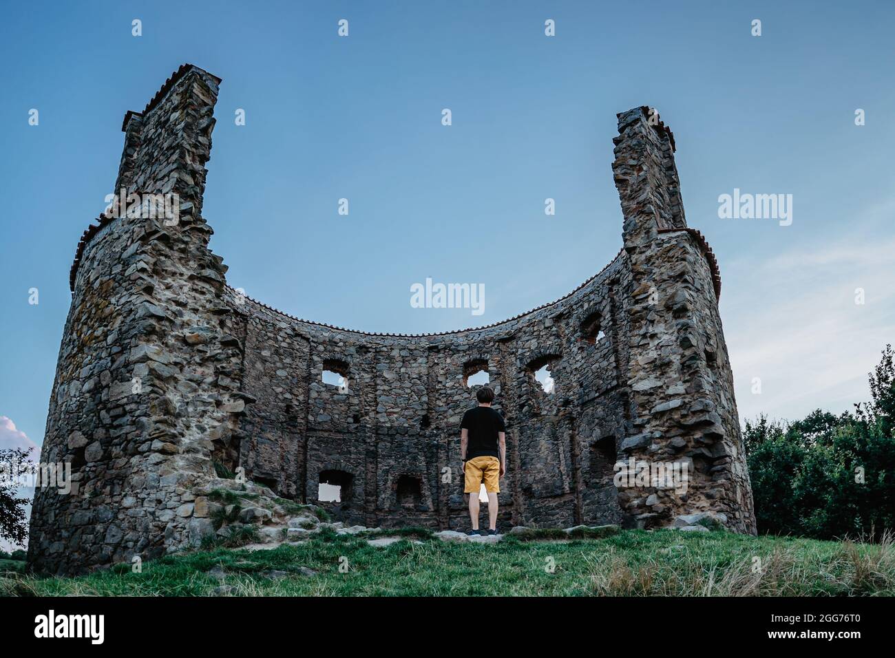 Rural old windmill Pricovy built in 18th century,beautiful and large Dutch-type mill in Czech Republic.Technical monument in Czech countryside.Ruins Stock Photo