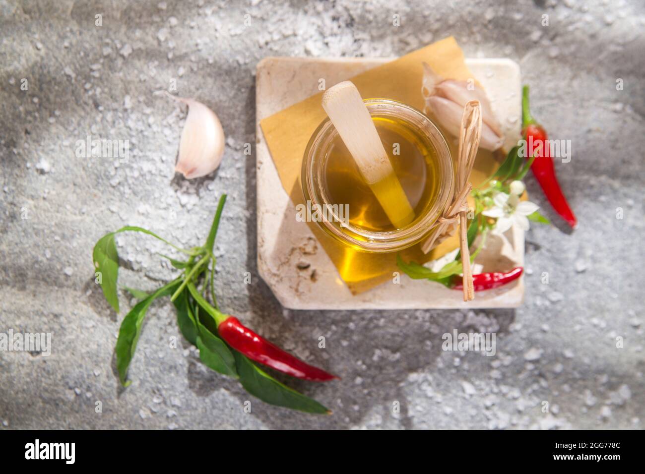 Product base for spaghetti made with olive oil and spices garlic and