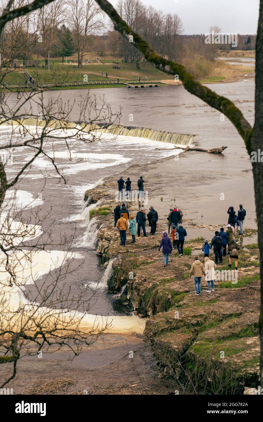 Kuldiga, Latvia, 04.25.2021 - people watch as fish vimba jumps over Europe's longest waterfall. Spring view over the Venta hub where residents gather Stock Photo