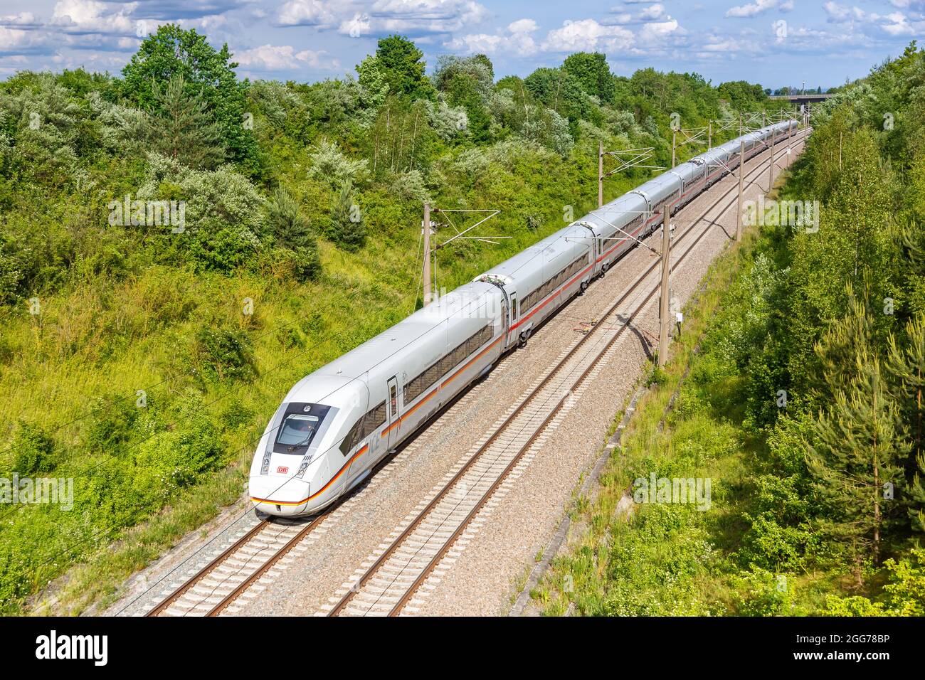 Stuttgart, Germany - June 12, 2021: XXL-ICE 4 Deutsche Bahn DB high-speed train railway line Mannheim-Stuttgart in Germany. Stock Photo