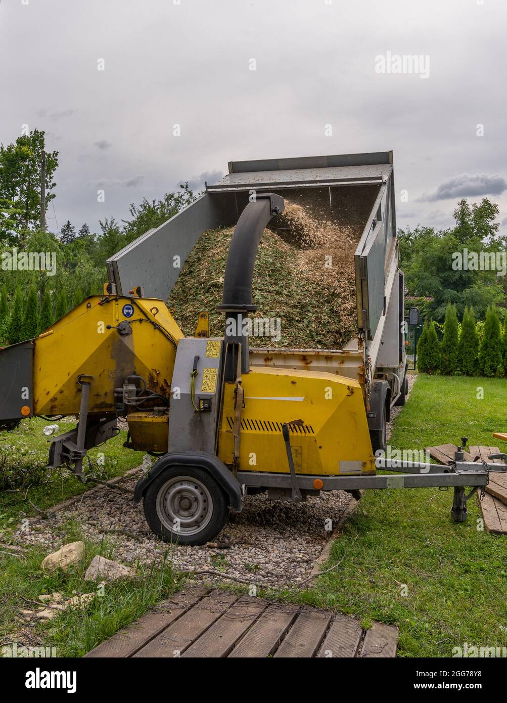 a branch chipper at the arborist's dump truck performing chip branching