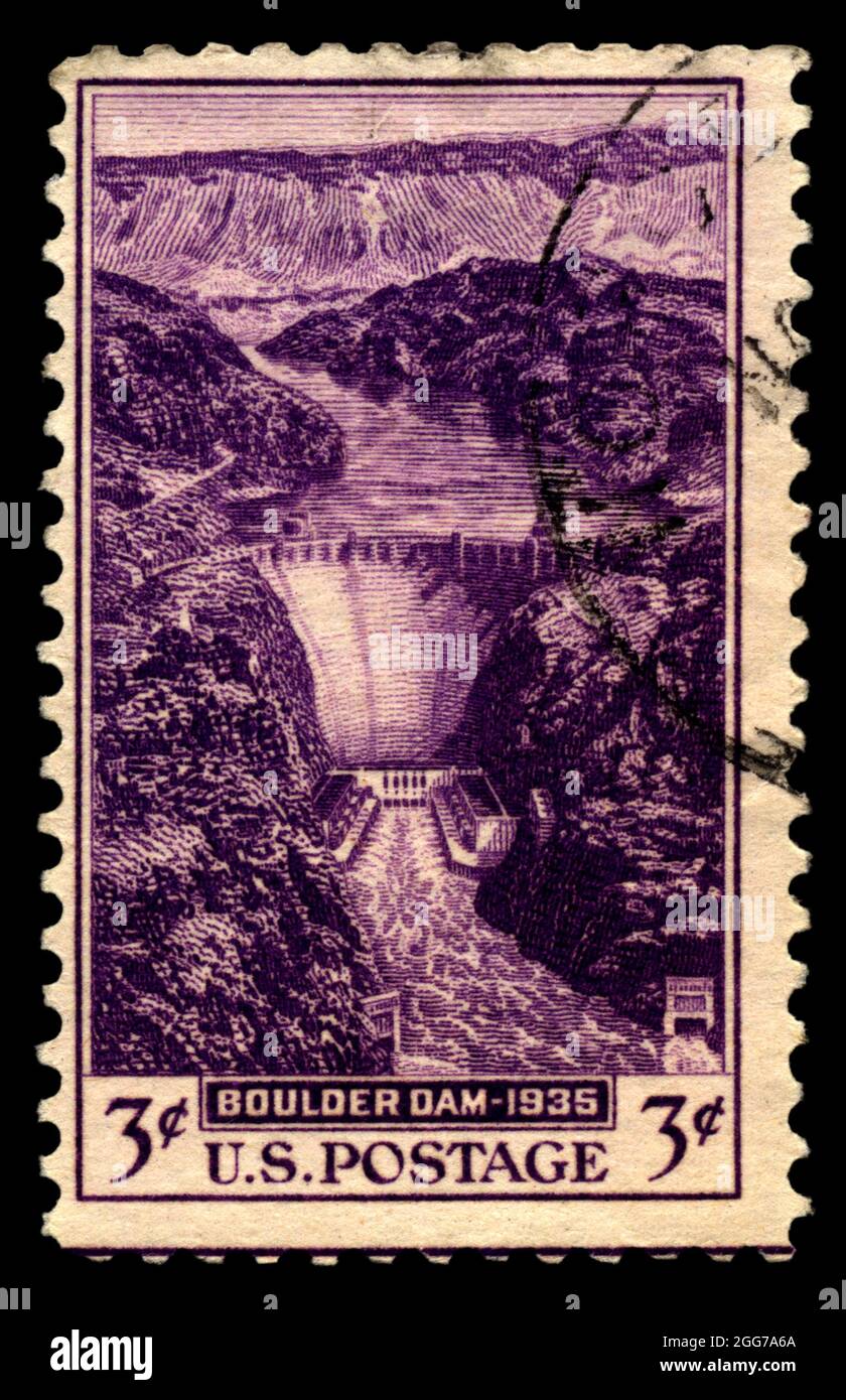 Boulder Dam violet-colored stamp issued 1935  marked the completion of Boulder Dam (now Hoover Dam) on the Colorado River, . Stock Photo