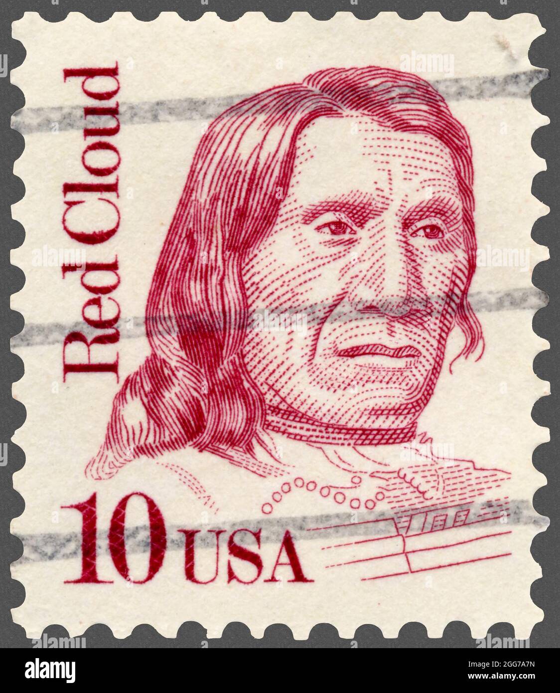 Oglala Lakota Indian warrior Red Cloud depicted on 1987 postage stamp part of the Great Americans series. Stock Photo