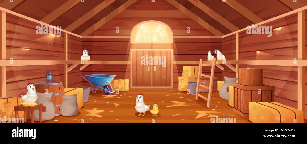 Cartoon barn interior with chickens, straw and hay. Farm house inside view. Traditional wooden ranch with haystacks, sacks, gate and window. Old shed building with hen nests and garden tools. Stock Vector