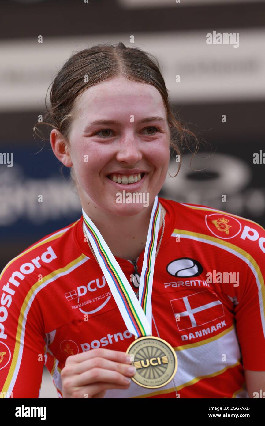 UCI 2021 Mountain Bike Cross Country World Championships in Commezzadura on August 28, 2021. Women Under 23, BOHÉ Caroline from Denmark gets the bronze medal (Photo by Pierre Teyssot/ESPA/Cal Sport Media/Sipa USA) Stock Photo
