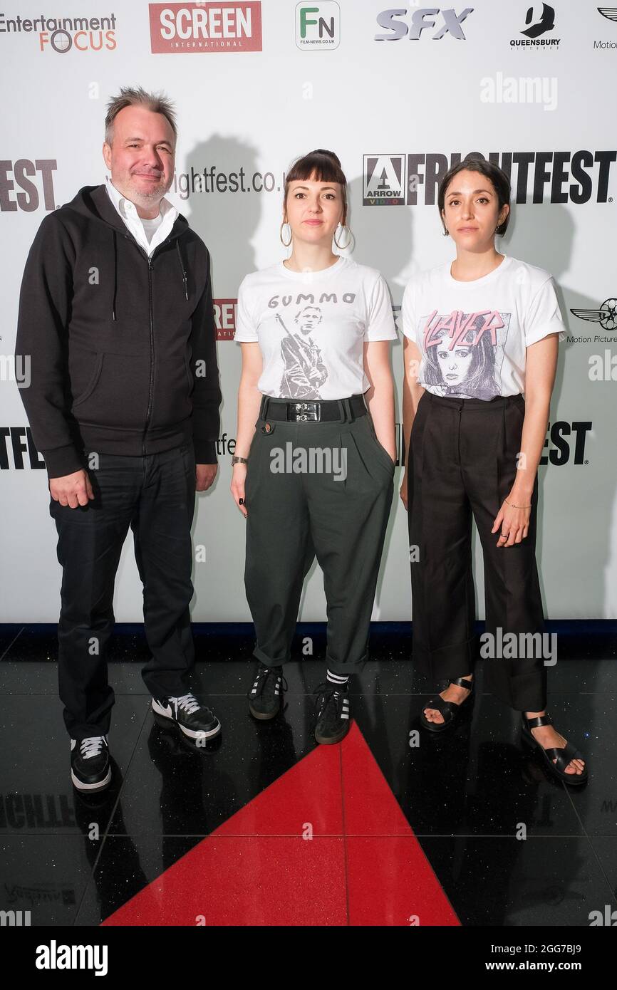 Cineworld Leicester Square, London, UK. 29th Aug, 2021. Crew poses at the CENSOR LIVE COMMENTARY. Pictured, Editor Mark Towns, Director Prano Bailey-Bond, Composer Emilie Levienaise-Farrouch. Picture by Credit: Julie Edwards/Alamy Live News Stock Photo