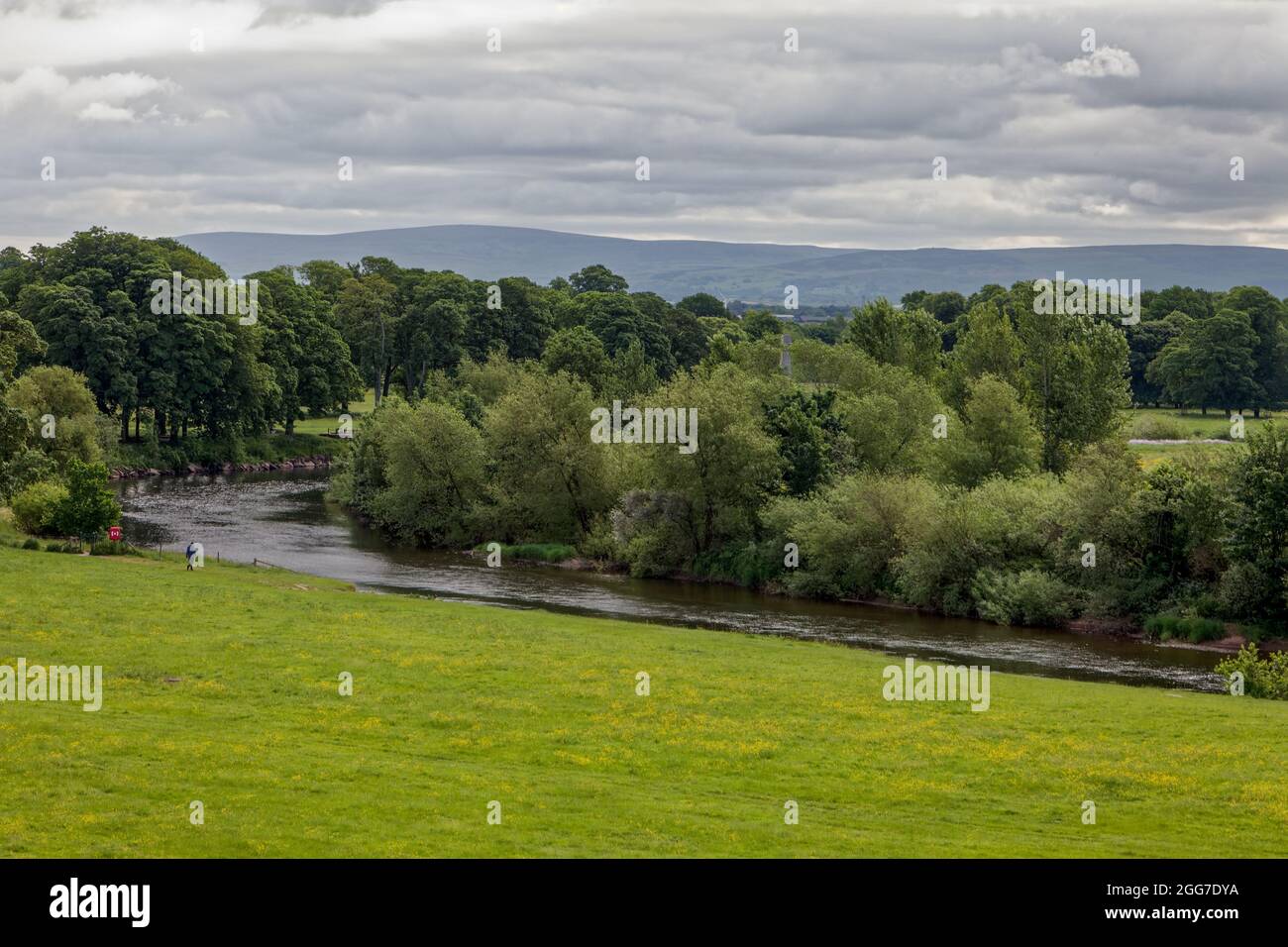View across the River Eden from Rickerby Park in Carlisle towards distant Lake District fells with the city hidden in the trees Stock Photo