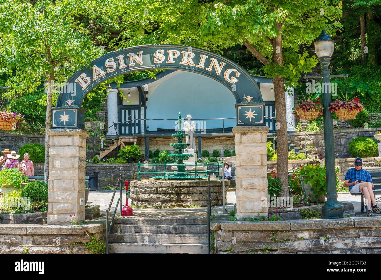 Eureka Springs, AR - June 11, 2021: Basin Spring Park downtown is the site of a healing spring known to Native Americans and early pioneer settlers th Stock Photo