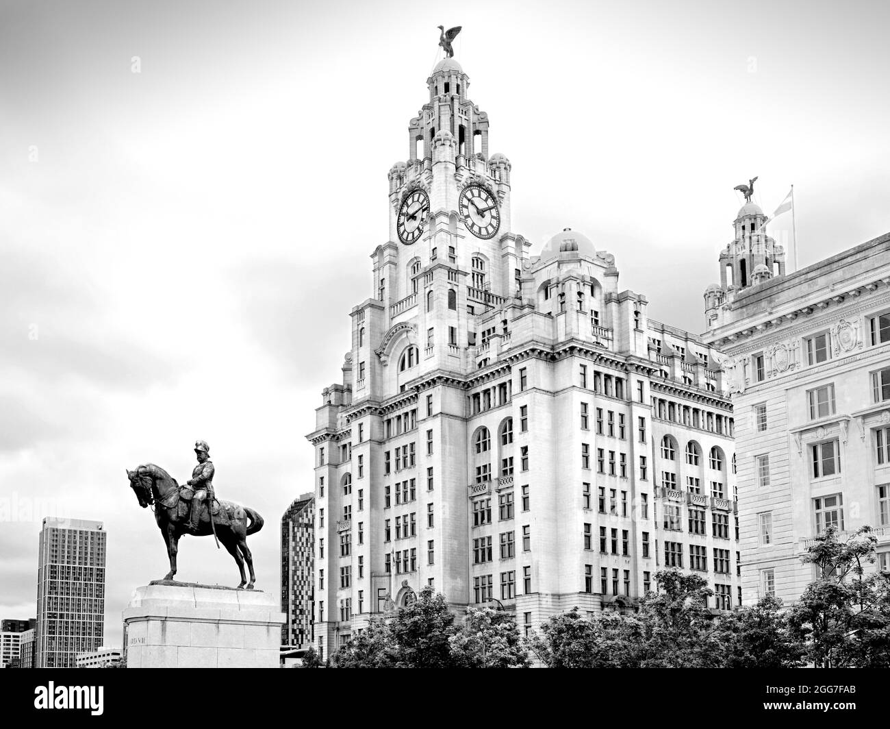 The Royal Liver building a grade II building at the Pier Head Liverpool a UNESCO world heritage site with the statue of Edward VII on horseback Stock Photo