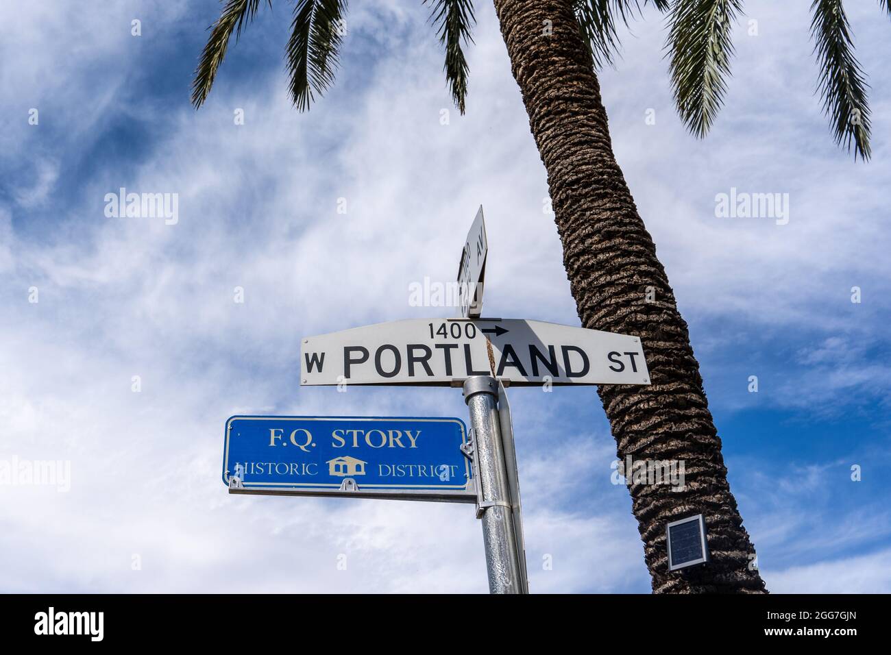 Phoenix, AZ - March 20, 2021: F.Q. Story Historic District is named for Francis Quarles Story, a southern California landowner who expanded into the S Stock Photo