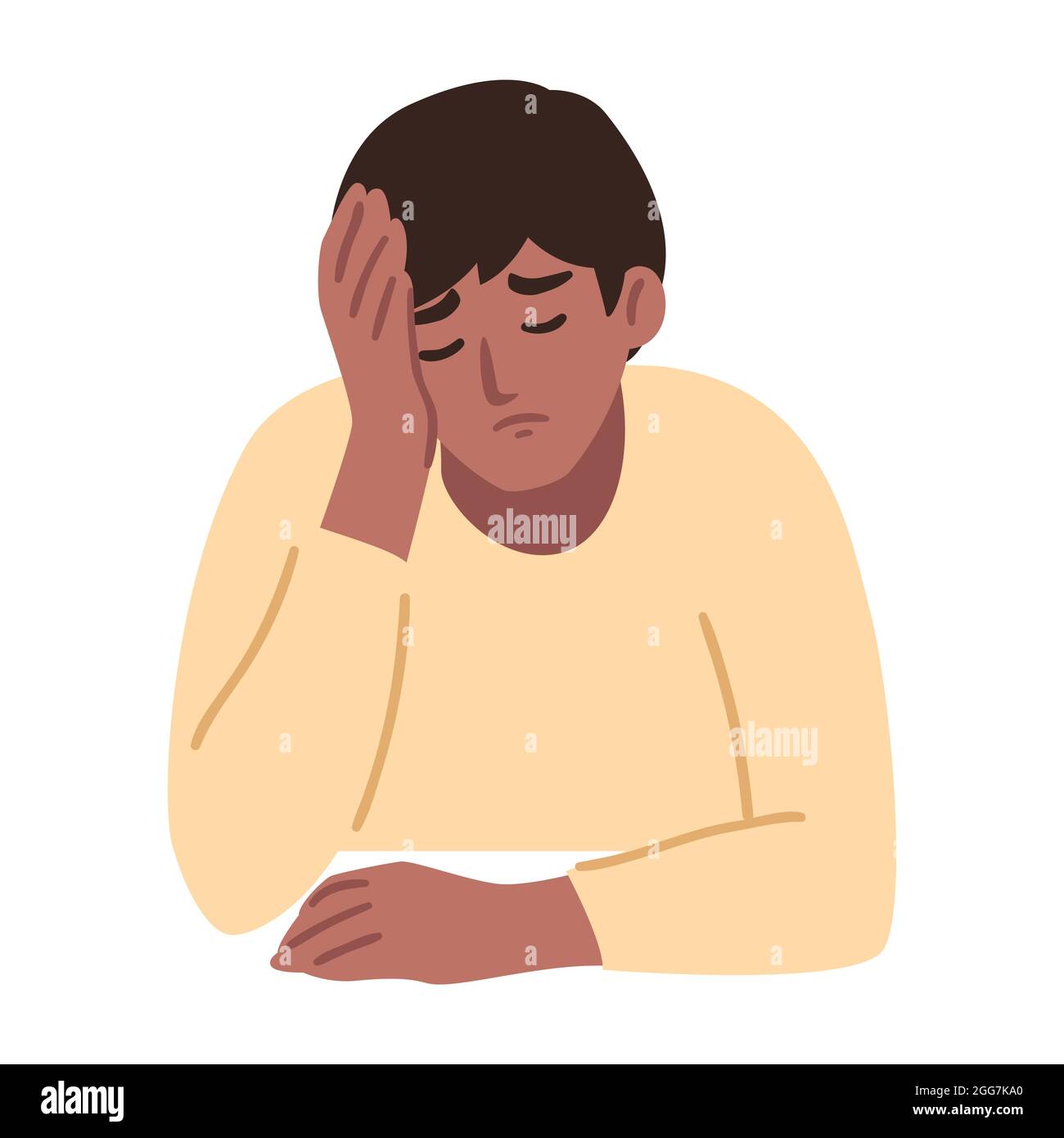 Man is having a headache. Boy feels anxiety and depression. Psychological health concept. Nervous, apathy, sadness, sorrow, unhappy, desperate, migrai Stock Vector