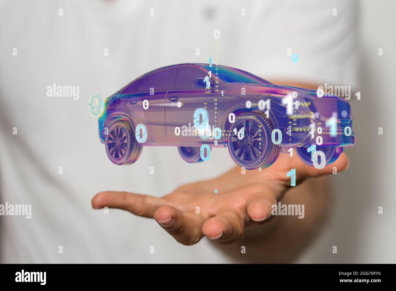 A 3D rendered purple car with binary code over a man's palm Stock Photo ...
