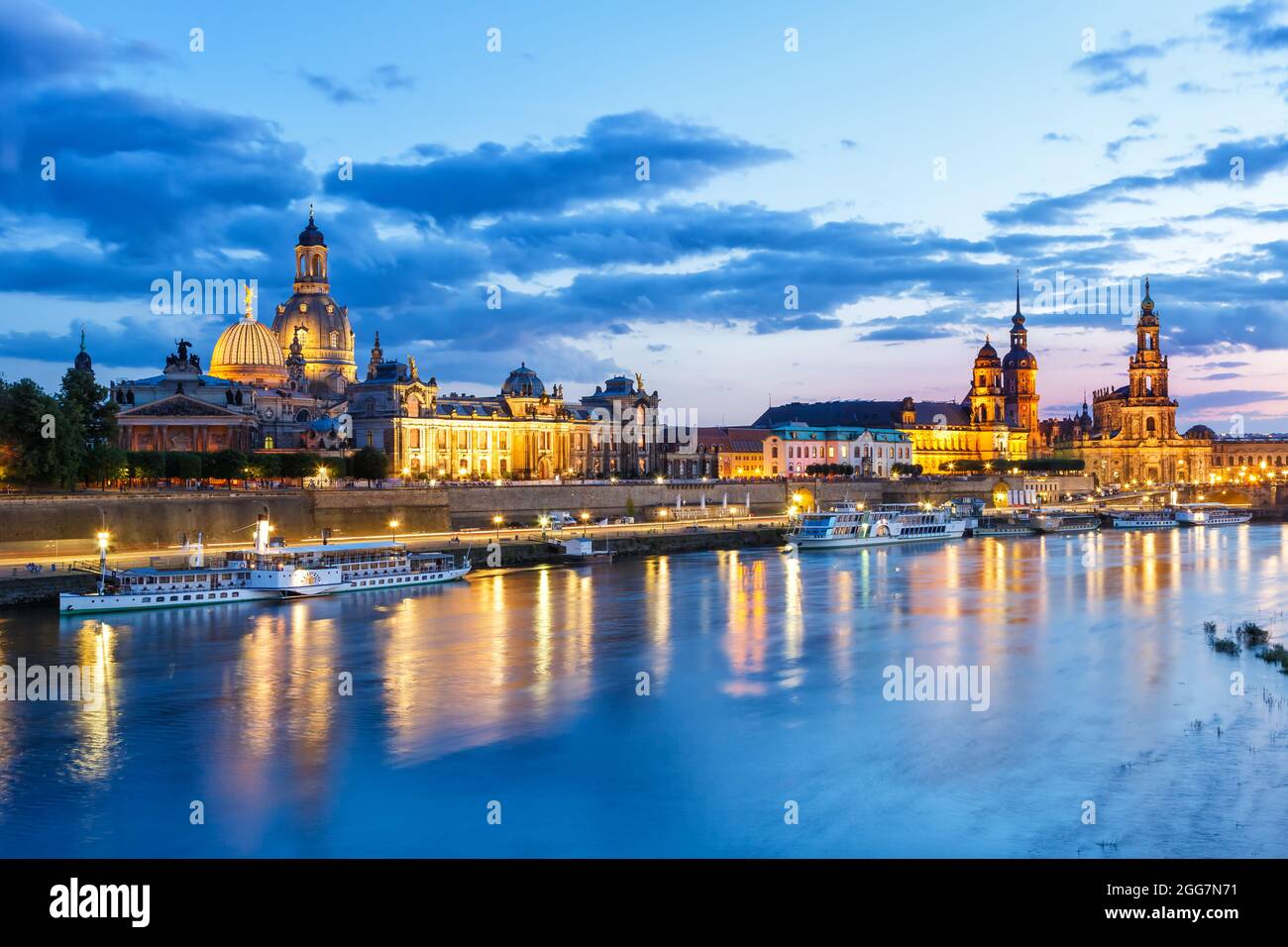 Dresden Frauenkirche church skyline Elbe old town panorama in Germany at night twilight Stock Photo