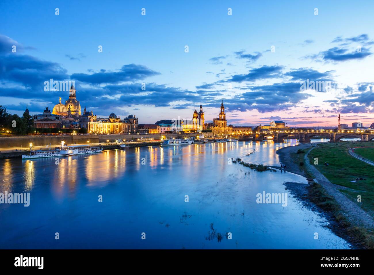 Dresden Frauenkirche church skyline Elbe old town panorama in Germany at night copyspace copy space twilight Stock Photo