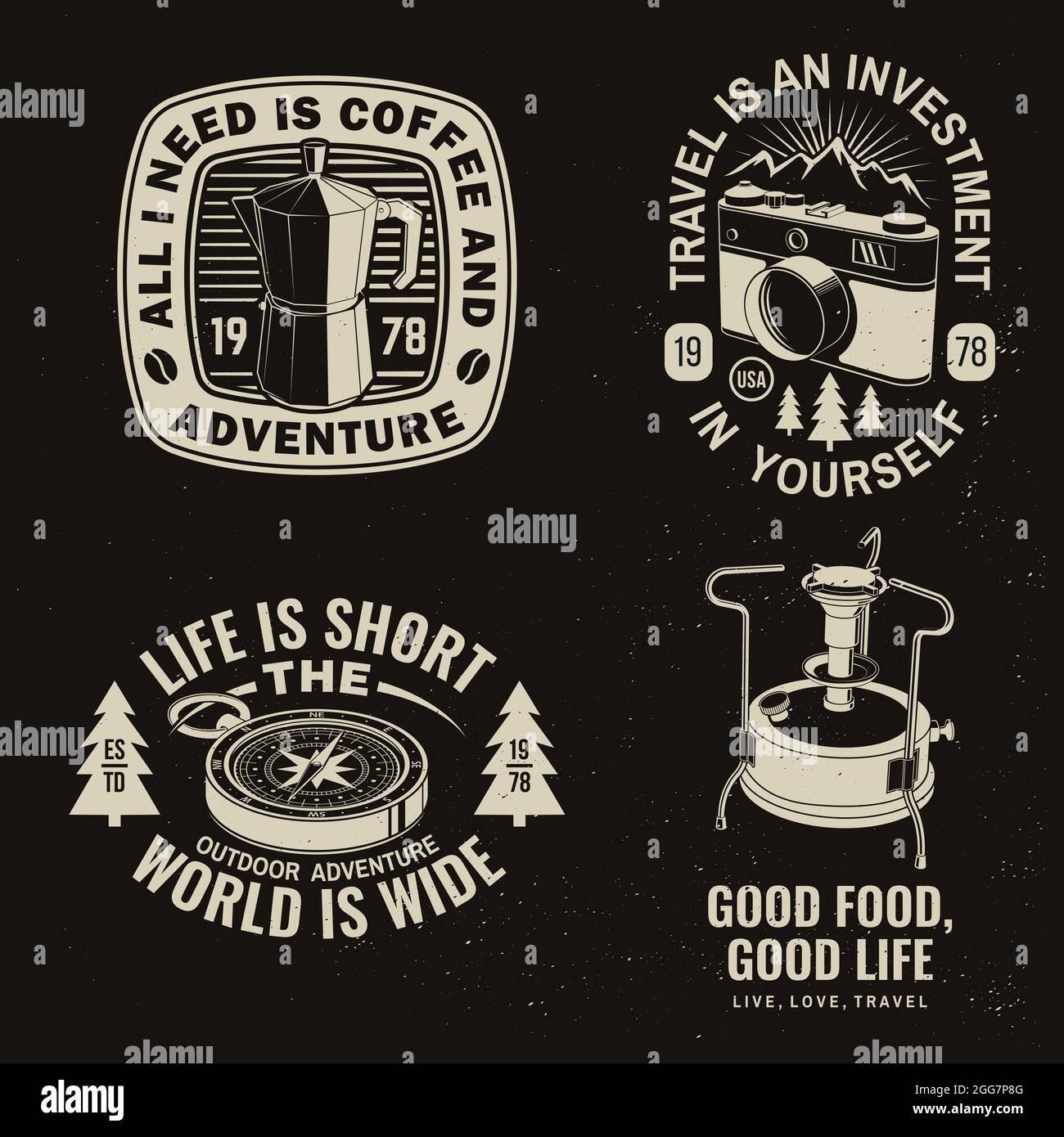 Set of travel inspirational quotes. Vector Concept for shirt or logo, print, stamp. Vintage typography design with retro photo camera, camping primus Stock Vector
