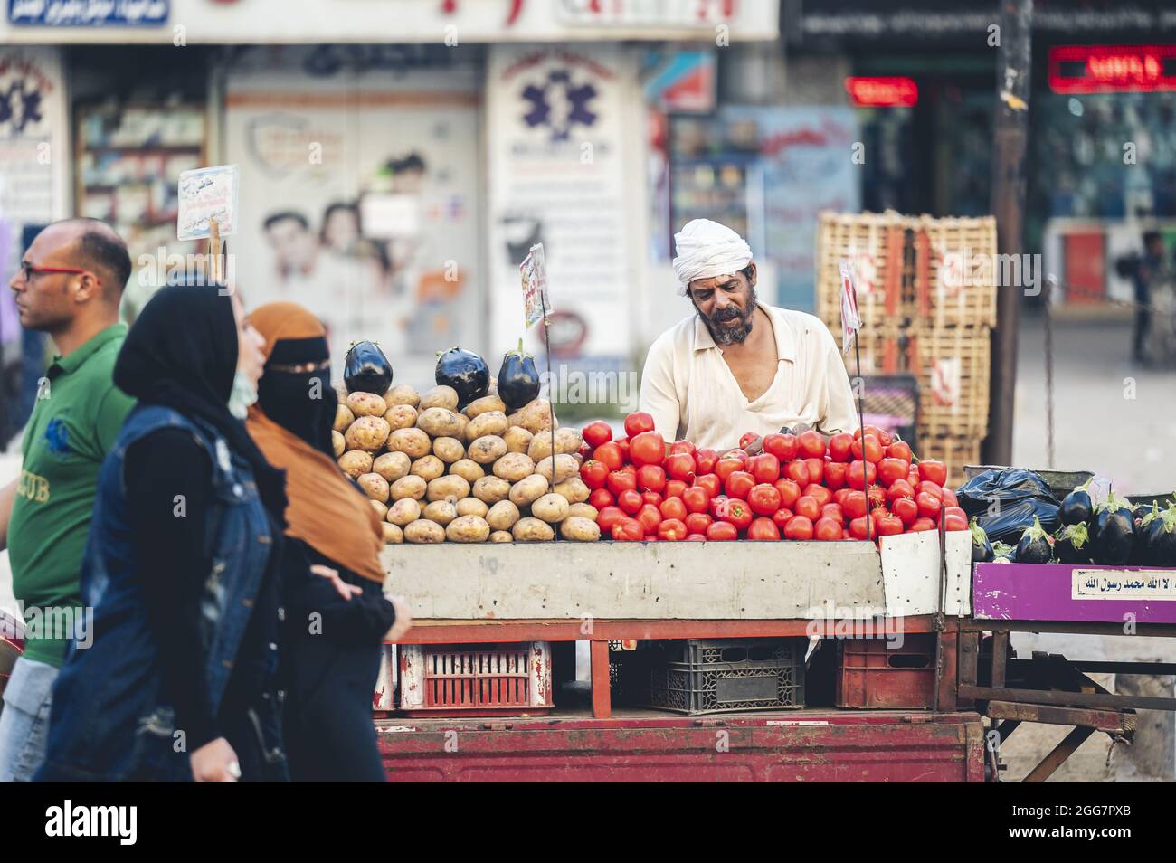 CAIRO, EGYPT Jun 06, 2021 A bearded Egyptian man selling vegetables
