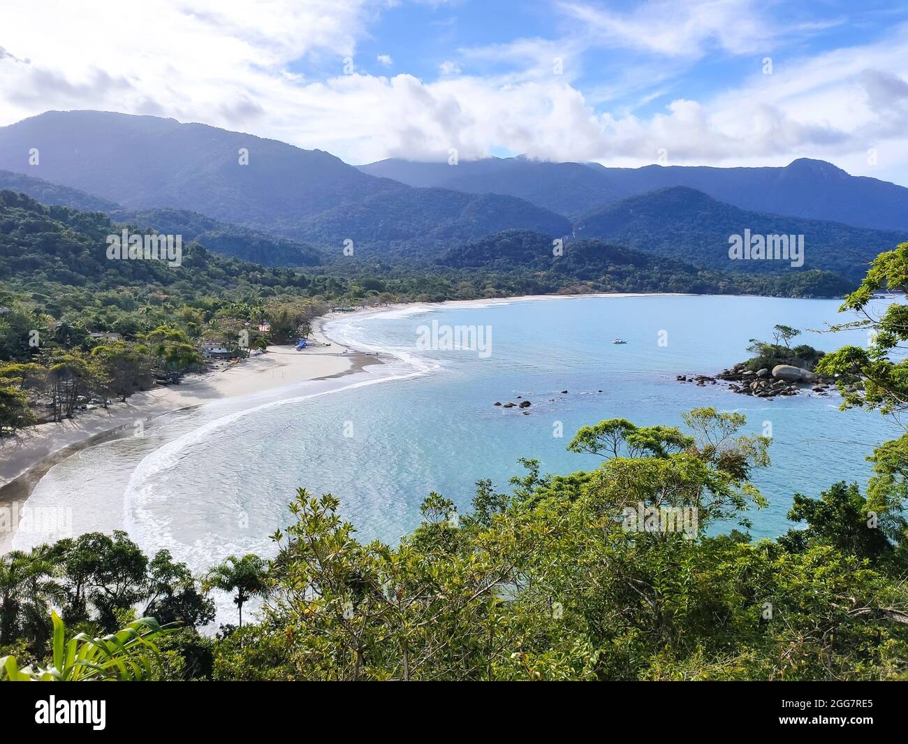 View of Praia de Castelhanos from the viewpoint of the heart in Ilhabela, interior of the state of Sao Pa Stock Photo