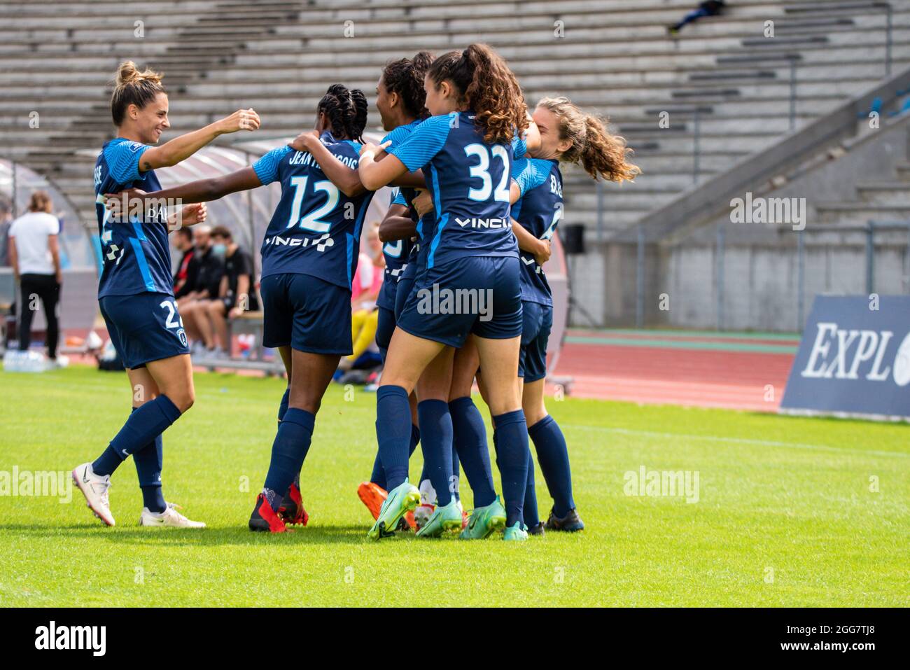 Oriane Jean Francois of Paris FC celebrates the goal with teammates during the Women's French championship Arkema football match between Paris FC and EA Guingamp on August 28, 2021 at Robert Bobin stadium in Bondoufle, France - Photo Melanie Laurent / A2M Sport Consulting / DPPI Stock Photo
