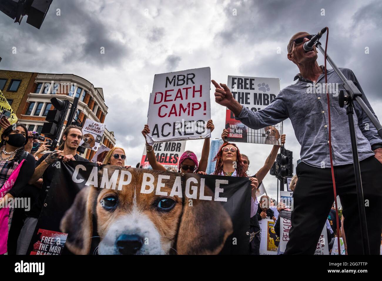 Veteran protestor speaking at the National Animal Rights March, organised by Animal Rebellion and  Extinction Rebellion in the City of London, England, UK. August 28 2021 Stock Photo