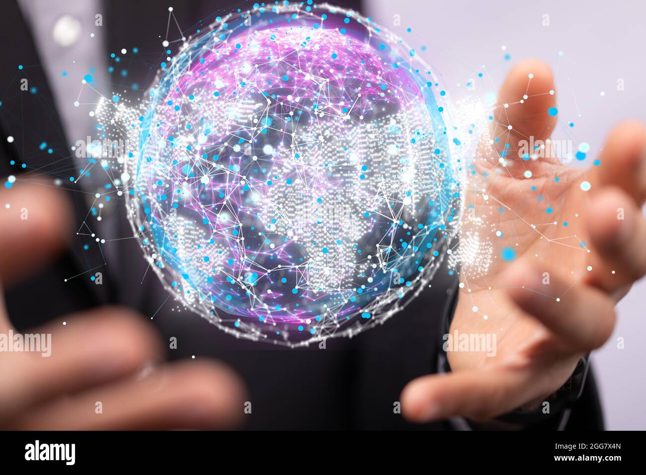 A 3D rendered futuristic globe hovering between man's hands Stock Photo ...