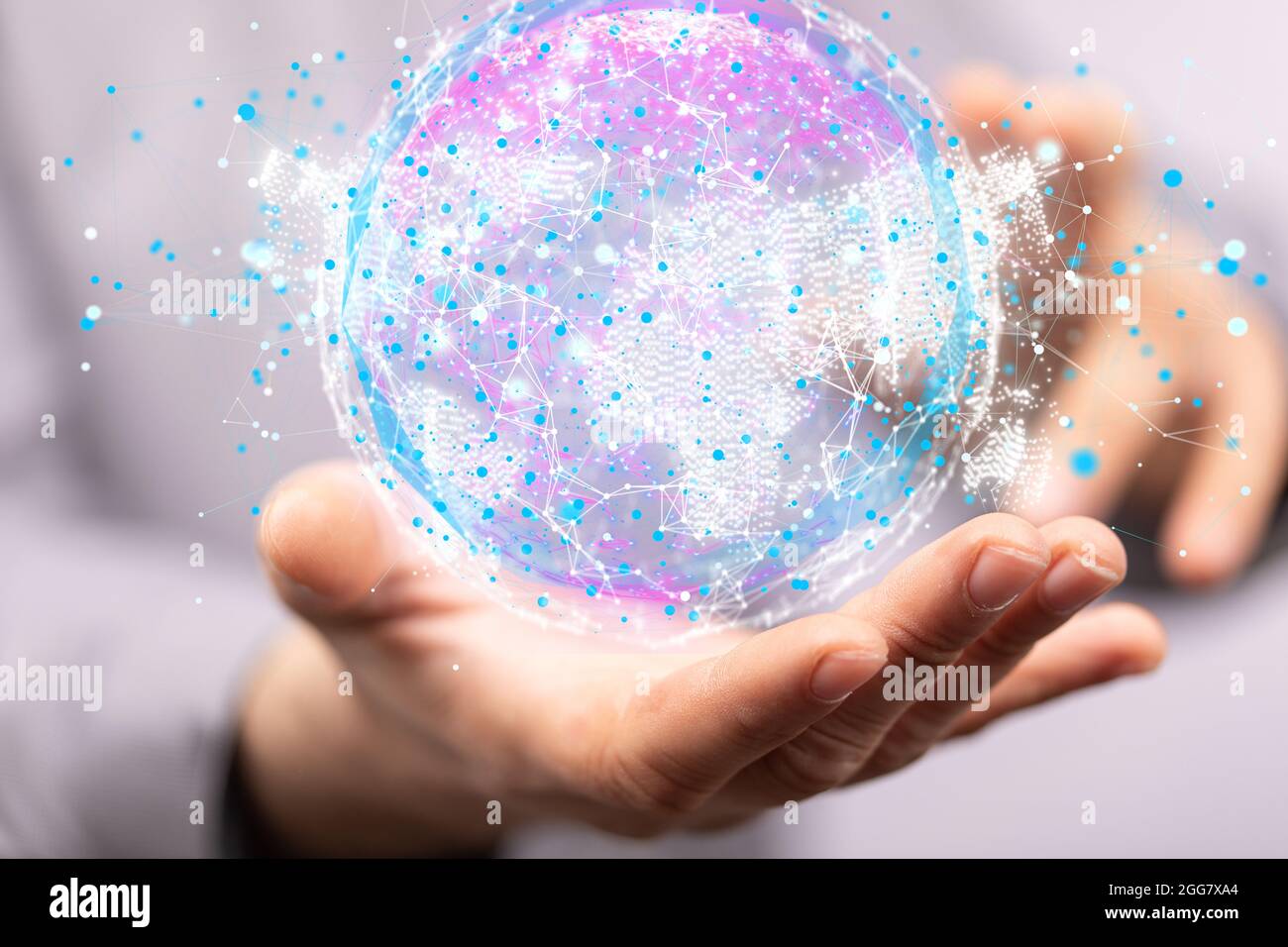A 3D rendered futuristic globe hovering over a man's hand Stock Photo ...