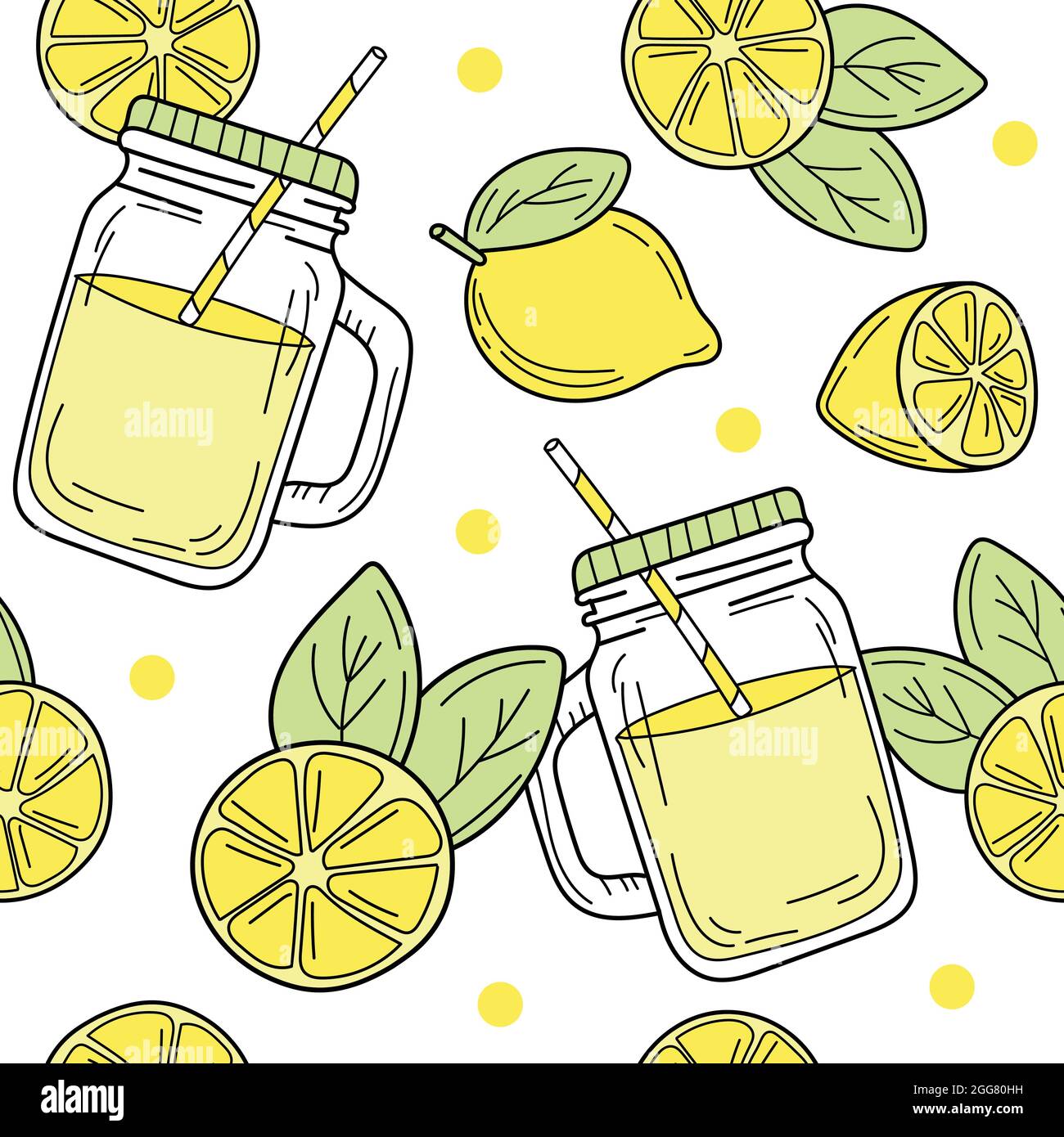 Vector seamless pattern with cartoon lemons and a glass jar with yellow ...