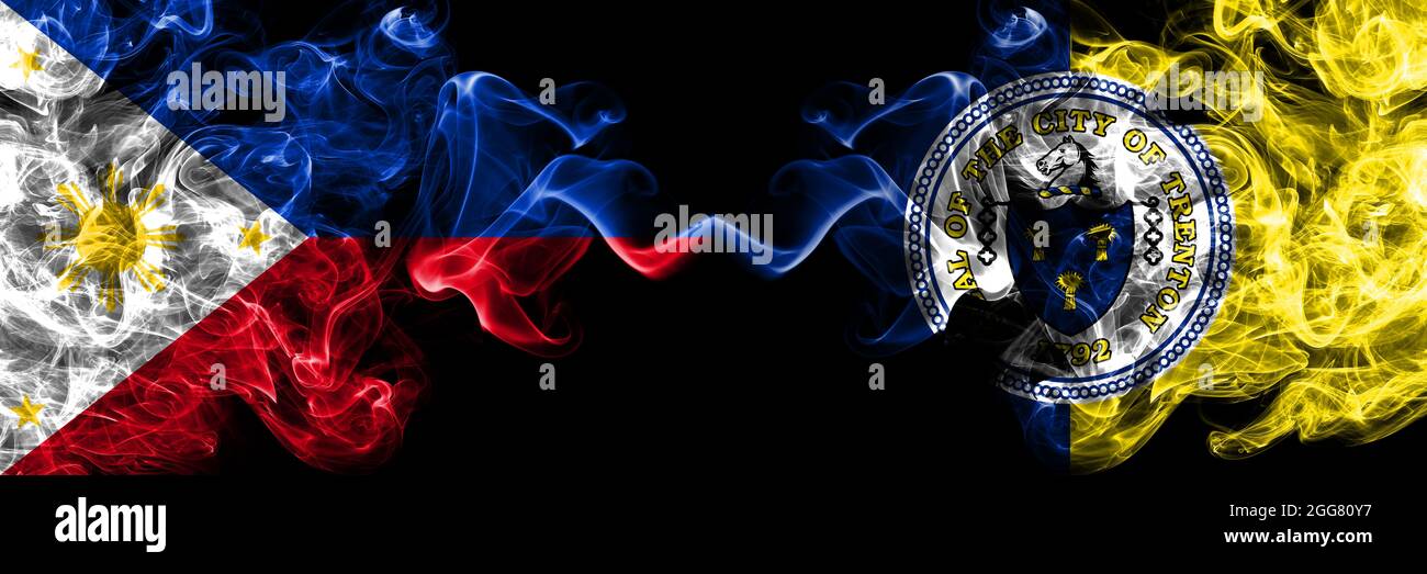Philippines, Filipino vs United States of America, America, US, USA,  American, Trenton, New Jersey smoke flags side by side Stock Photo - Alamy