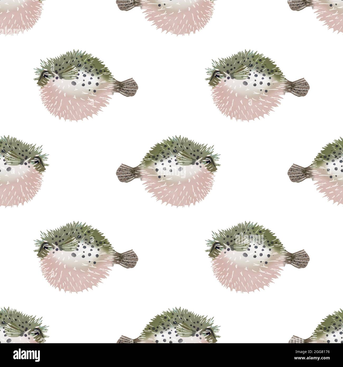 Aquarelle painting of fish sketch art illustration. Fish Fugu seamless pattern  Stock Photo