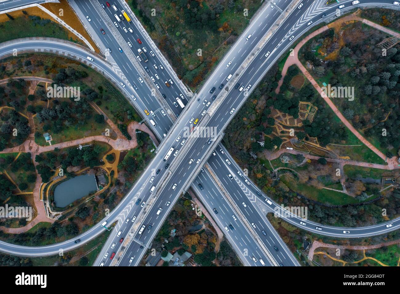 Turkey, Istanbul, Aerial view of traffic on highways Stock Photo