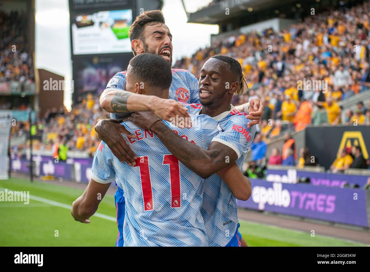 WOLVERHAMPTON, ENGLAND - AUGUST 29: Mason Greenwood of Manchester United celebrate with  Aaron Wan-Bissaka, Bruno Fernandes after scoring goal during Stock Photo