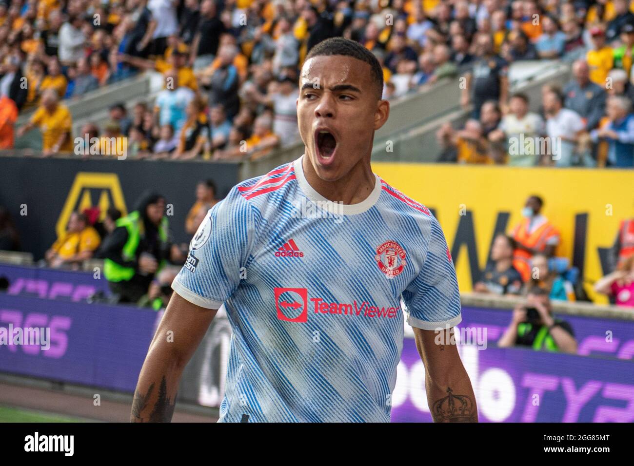 WOLVERHAMPTON, ENGLAND - AUGUST 29: Mason Greenwood of Manchester United  celebrate after scoring goal during the Premier League match between  Wolverha Stock Photo - Alamy