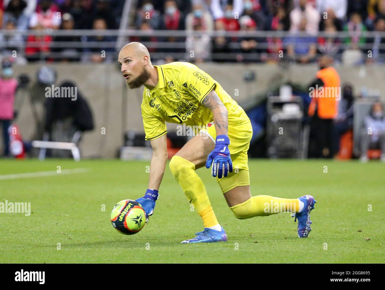 Reims, France. 29th Aug, 2021. Goalkeeper of Reims Predrag Rajkovic during the French championship Ligue 1 football match between Stade de Reims and Paris Saint-Germain on August 29, 2021 at Auguste Delaune stadium in Reims, France - Photo Jean Catuffe/DPPI Credit: DPPI Media/Alamy Live News Stock Photo