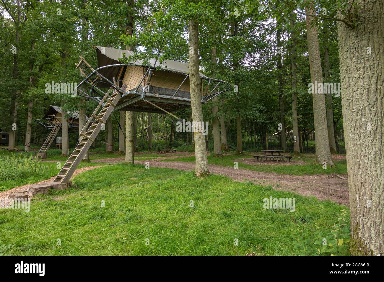 Han-sur-Lesse, Wallonia, Belgium - August 9, 2021: Wildpark. Tree tent for rent in open forest at the domain. The dwelling hangs in between trees. A l Stock Photo
