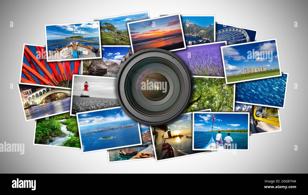 dslr photo camera lens on various colorful image paper prints. photography online gallery presentation retro concept background Stock Photo