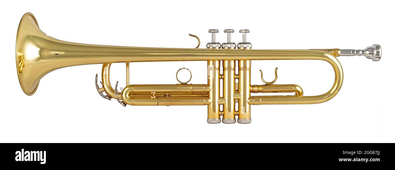Golden shiny metallic brass trumpet music instrument isolated on white background. musical equipment entertainment orchestra band concept. Stock Photo