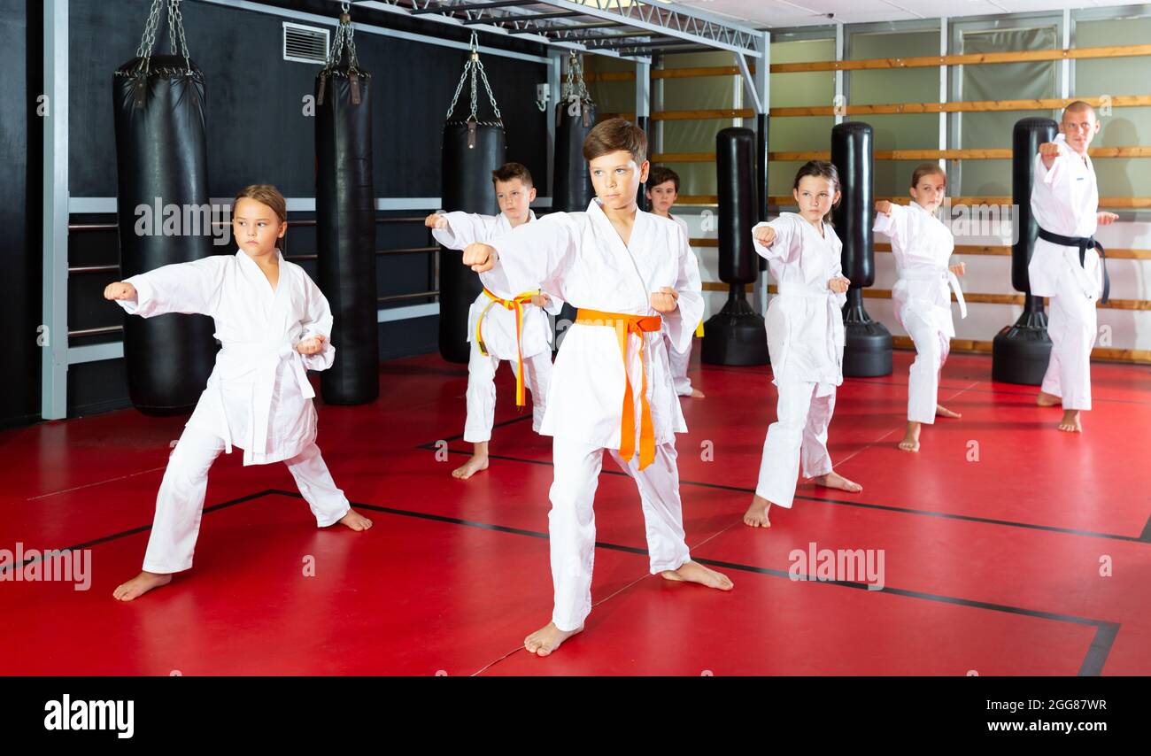 Schoolchilds practicing new technique in karate class Stock Photo