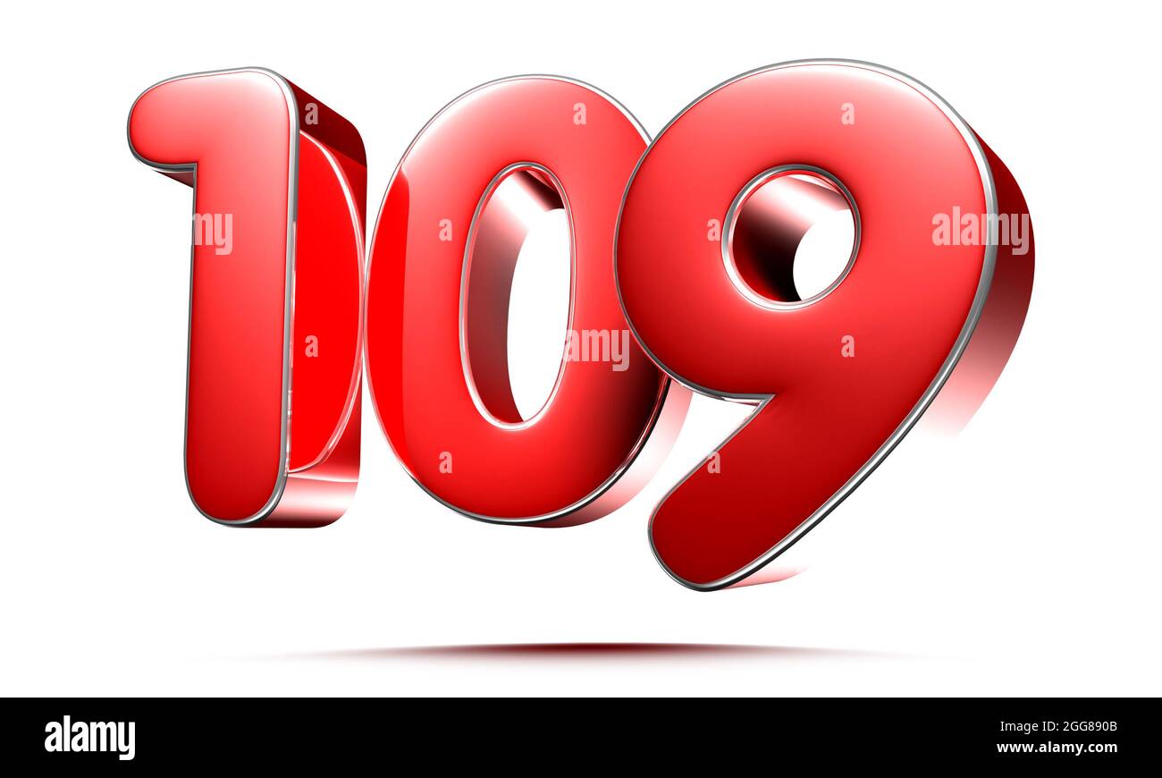 Rounded red numbers 109 on white background 3D illustration with
