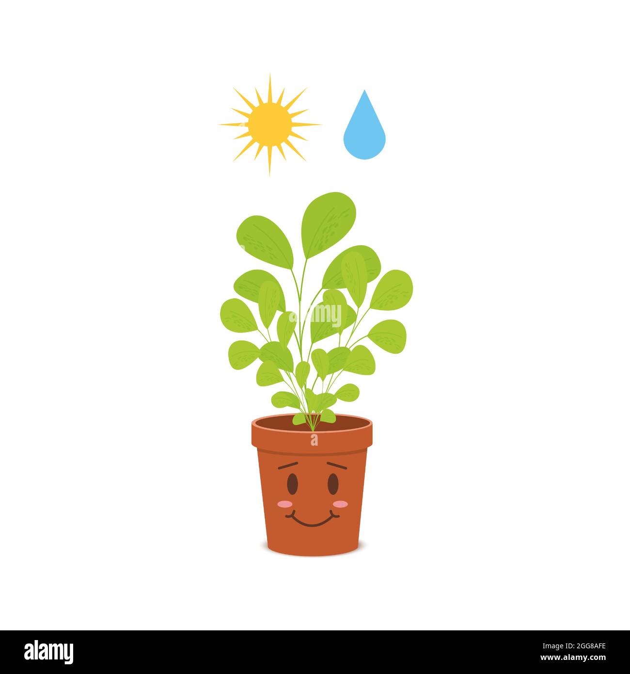 Cute potted plant character with watering and sunlight symbols. Happy houseplant isolated on white background. Vector cartoon illustration in childish style. Stock Vector