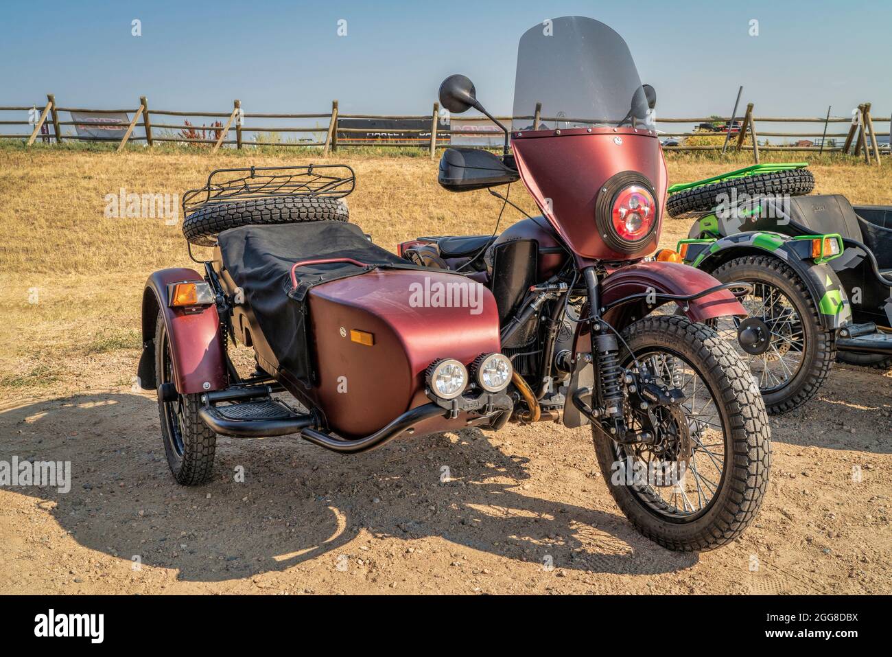 Loveland, CO, USA - August 29, 2021:  Russian made Ural motorcycle with a sidecar adopted for touring and adventure displayed at Overland Expo Mountai Stock Photo