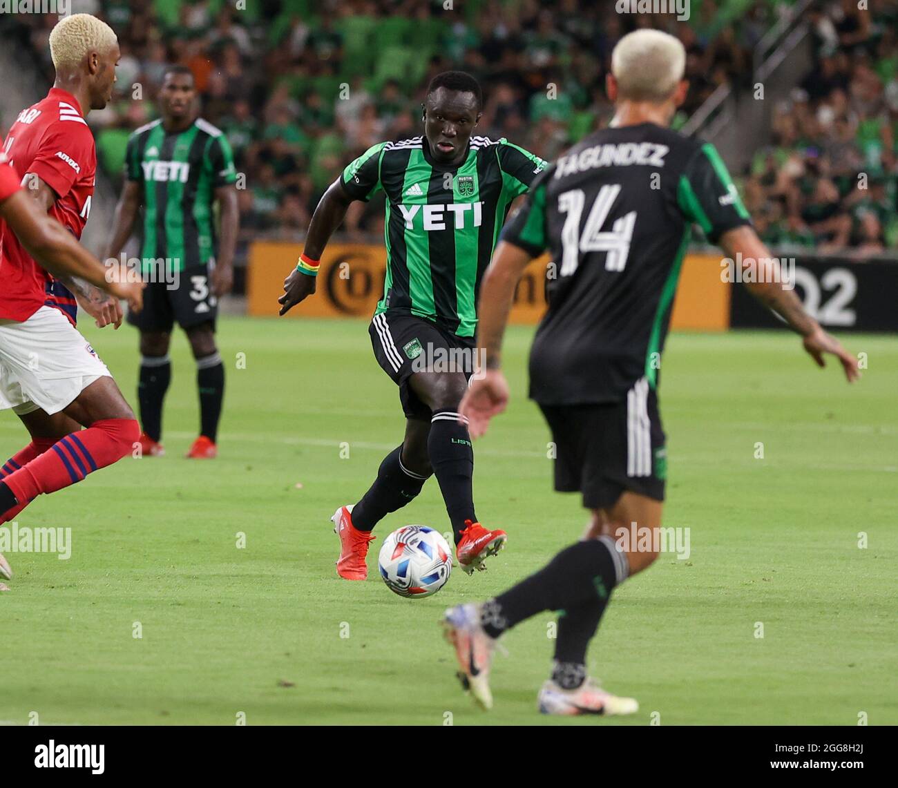 Austin, Texas, USA. August 29, 2021: Austin FC forward Moussa Djitte (99) moves the ball during an MLS match between Austin FC and FC Dallas on August 29, 2021 in Austin, Texas. (Credit Image: © Scott Coleman/ZUMA Press Wire) Credit: ZUMA Press, Inc./Alamy Live News Stock Photo