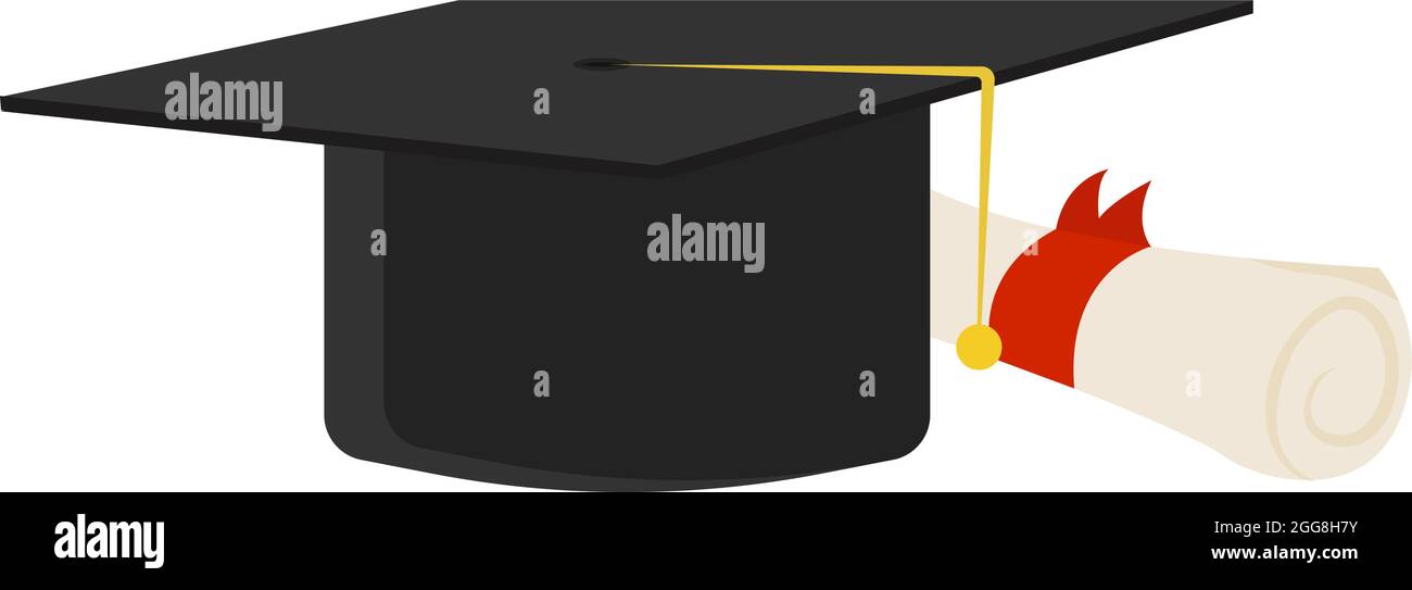 Graduation hat with diploma, illustration, vector on a white background