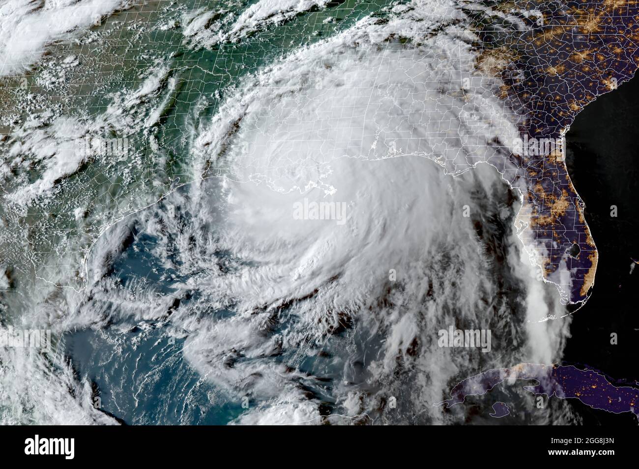 Hurricane Ida view from space as the catastrophic storm hit the New Orleans metro area in Southern Louisiana on Sunday, August 29, 2021. (USA) Stock Photo