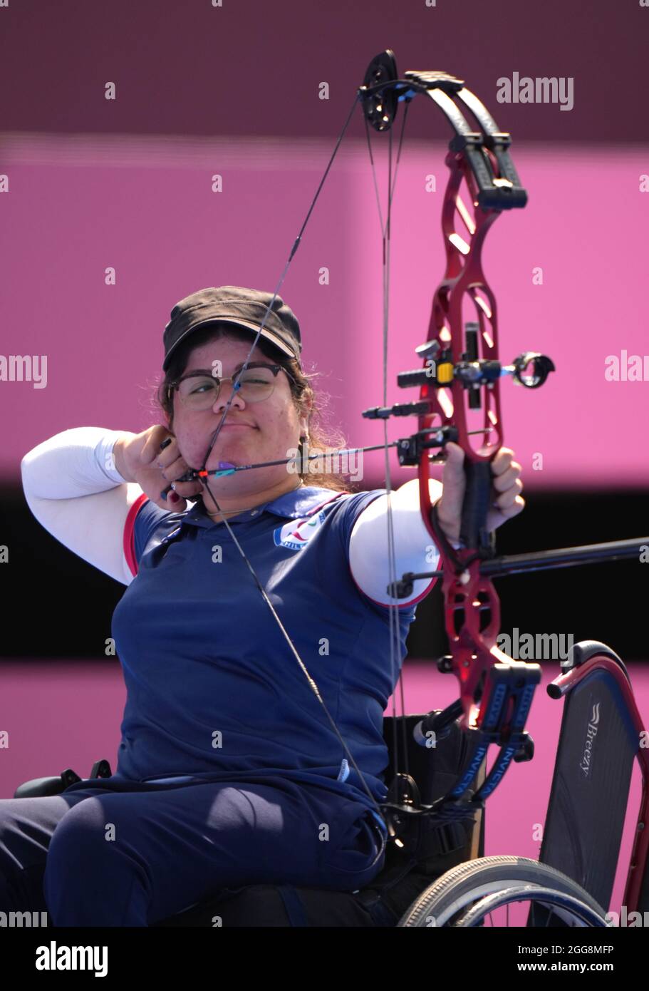 Chile's Mariana Zuniga Varela competes in the Women's Individual Compound Open Semifinal at the Yumenoshima Park Archery Field during day six of the Tokyo 2020 Paralympic Games in Japan. Picture date: Monday August 30, 2021. Stock Photo